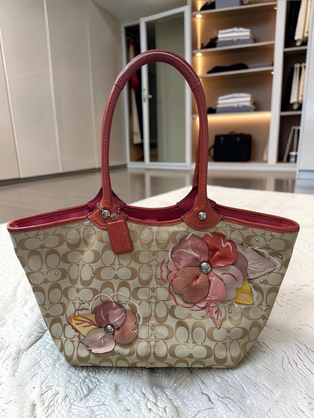 Coach Beige Signature Tote with Pink Floral Appliqués and Coral Trim